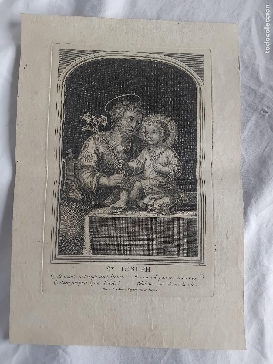 Arte: ST JOSEPH. GRABADO SIGLO XVIII A PARIS CHES SIMON DUFLOS RUE S. JAQUES. PARIS. 27 X 39 CM.