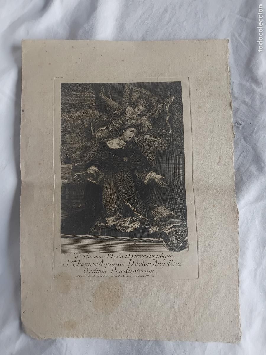 Arte: ST THOMAS D'AQUIN DOCTEUR ANGELIQUE. GRABADO SIGLO XVIII A PARIS CHEZ JAQUES CHEREAU 28 X 40 CM.