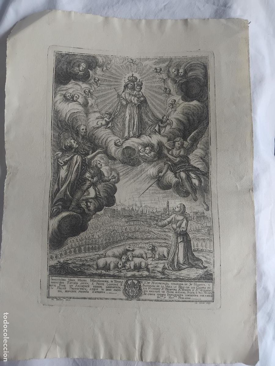 Arte: GRABADO DE NUESTRA SE&Ntilde;ORA DE LA MISERICORDIA VENERADA EN EL SANTUARIO DE LA VILLA DE REUS. 30 X 43