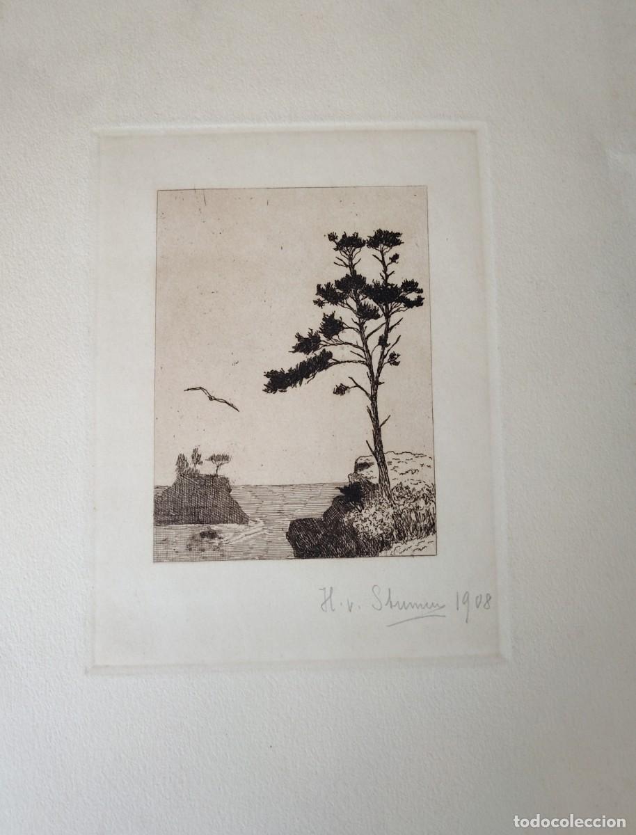 Arte: Escuela europea 1908Paisaje costero grabado