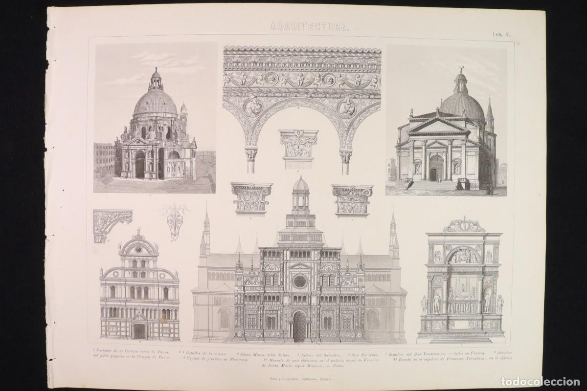 Arte: Grabado Arquitectura 41. Iglesias Italia. Roma, Florencia, Venecia, Pav&iacute;a. Architecture Engraving 41