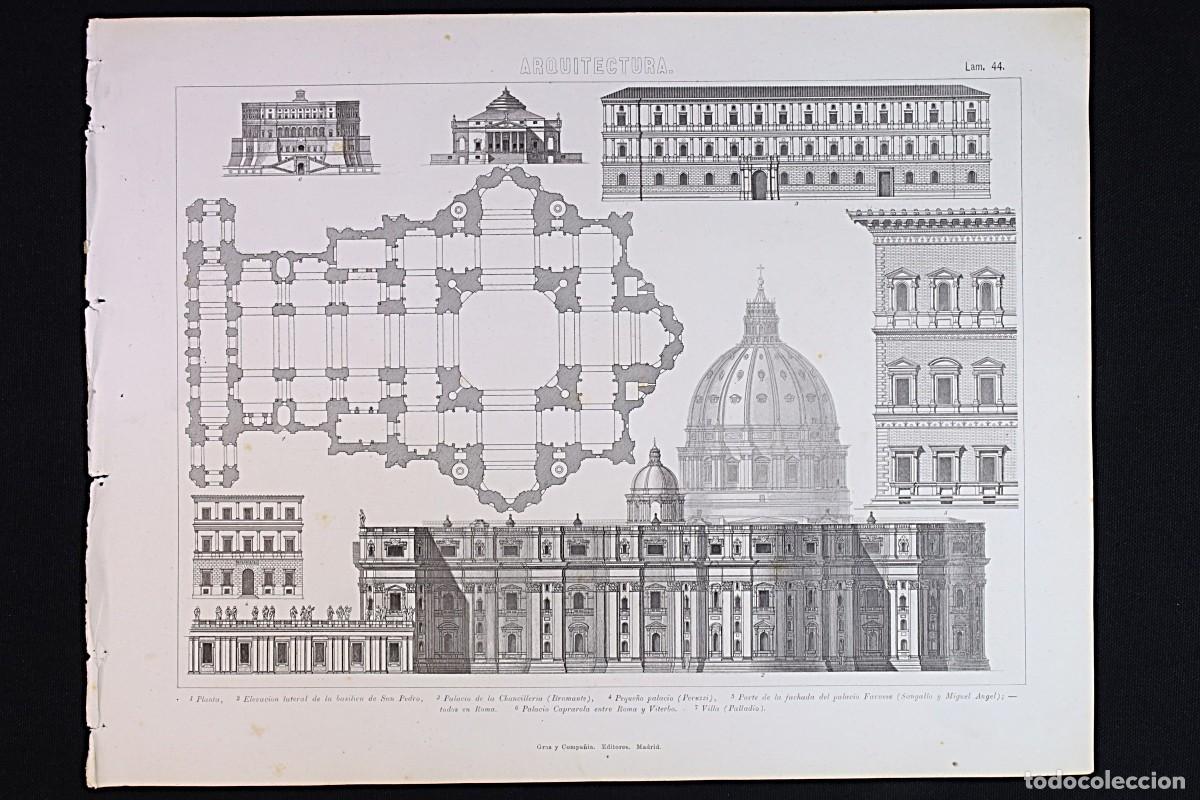 Arte: Grabado Arquitectura 44. Bas&iacute;lica San Pedro, palacio Farnese. Architecture Engraving 44. St Peter&rsquo;s
