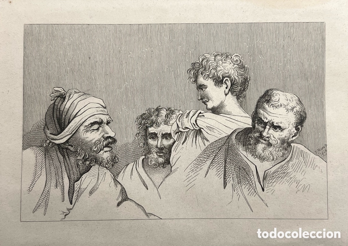 Arte: Cabezas de los cartones en Hampton Court grabado por J. Moore 1848 copia de Hogarth