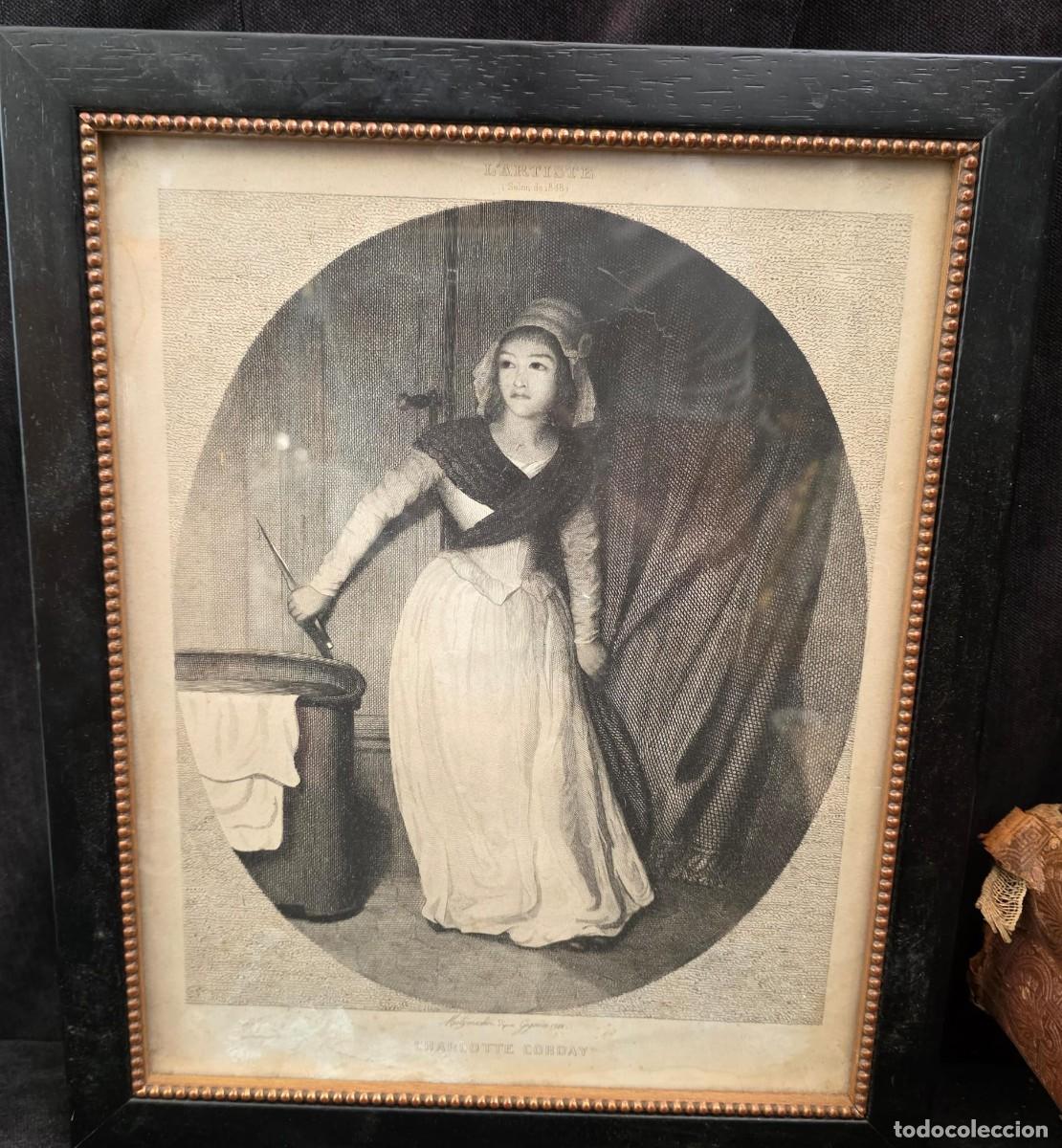 Arte: Grabado antiguo &ldquo;Charlotte Corday&rdquo; L&rsquo;Artiste 1848 con marco cl&aacute;sico 34x28 cm siglo XIX