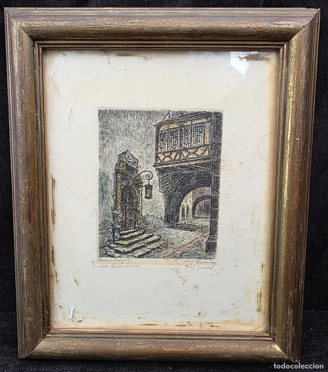 Arte: Grabado antiguo urbano con arco y arquitectura cl&aacute;sica enmarcado, escena europea siglo XIX 22x18 cm