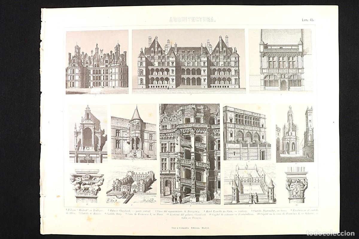 Arte: Grabado Arquitectura 45. Castillo Nantouillet, castillo Blois, Boulogne. Architectural Engraving 45.