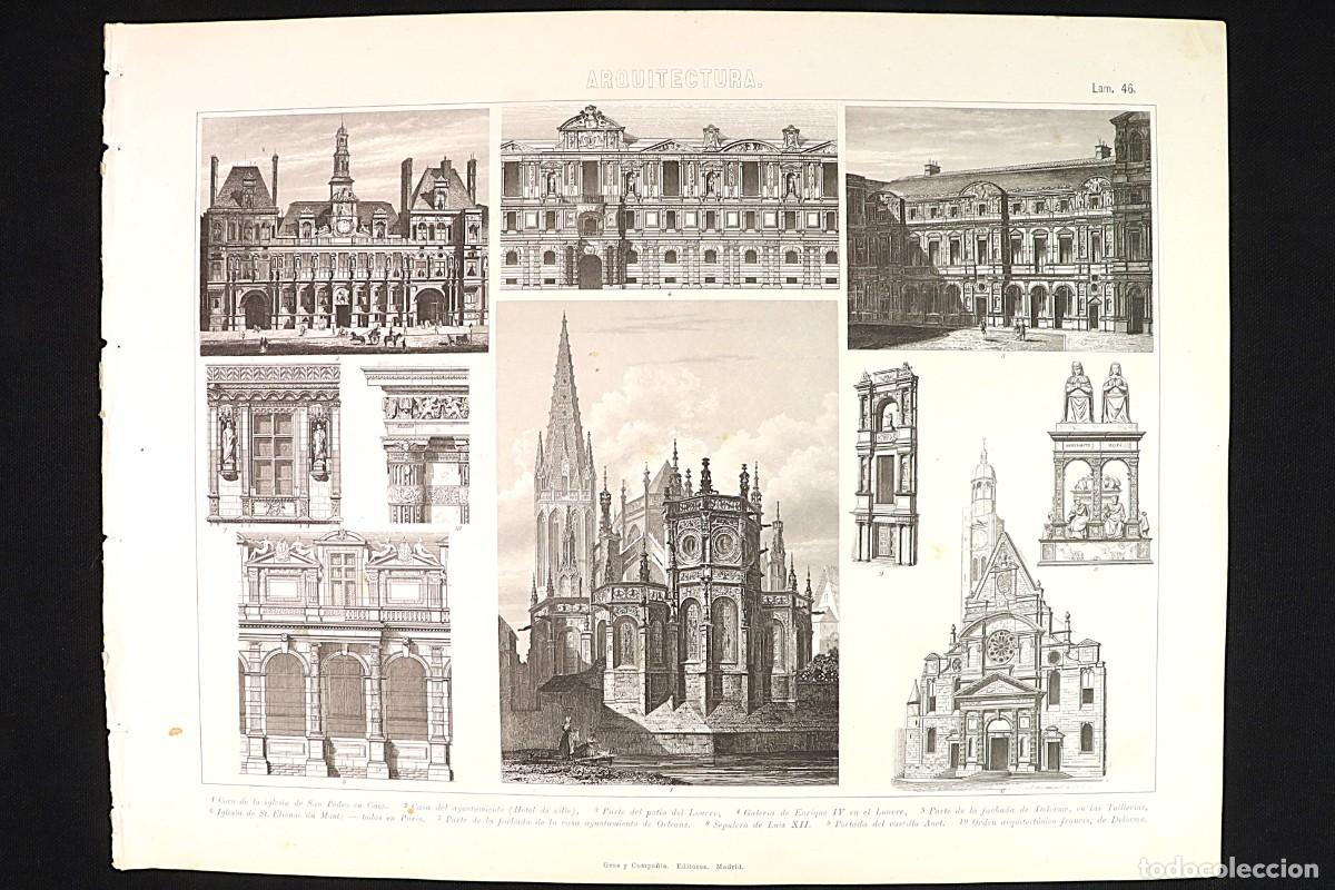 Arte: Grabado Arquitectura 46. Patio y galeria del Louvre, Iglesia de San Pedro. Engraving. Courtyard