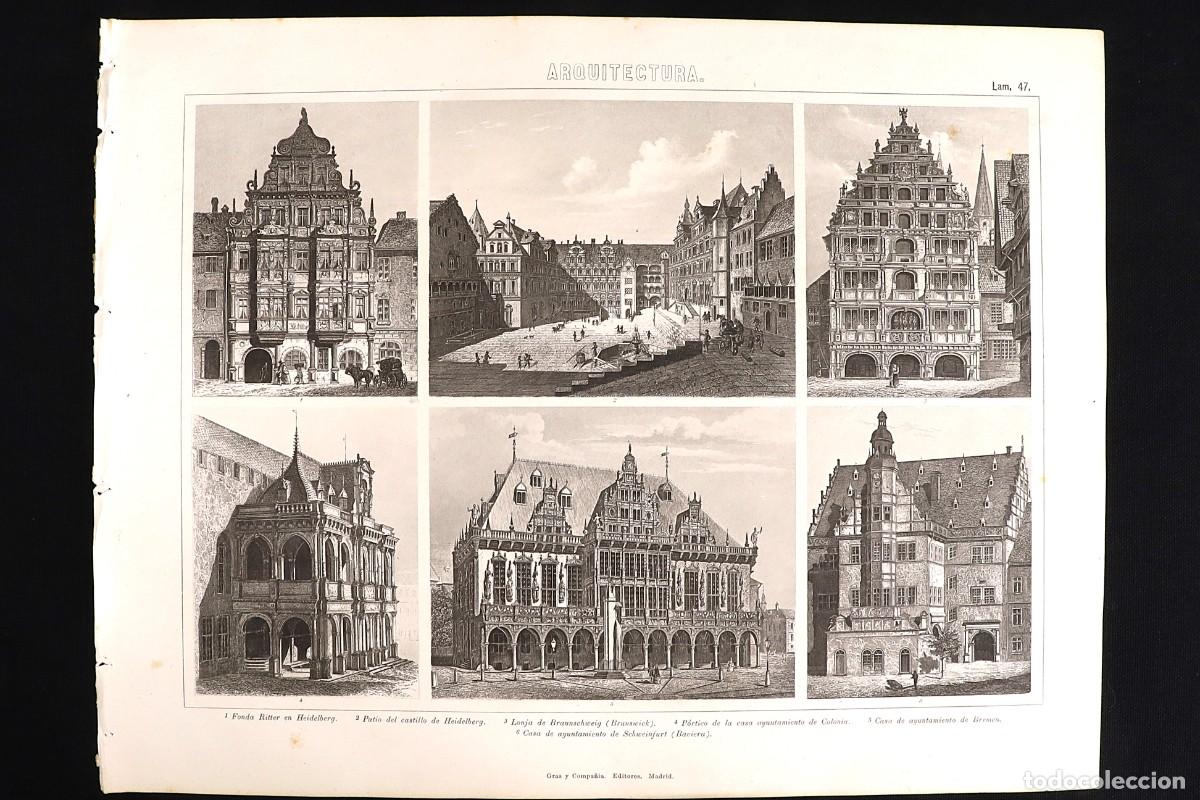 Arte: Grabado Arquitectura 47. Colonia, Bremen, Heidelberg, Alemania. Engraving Germany. Cologne, Bremen.