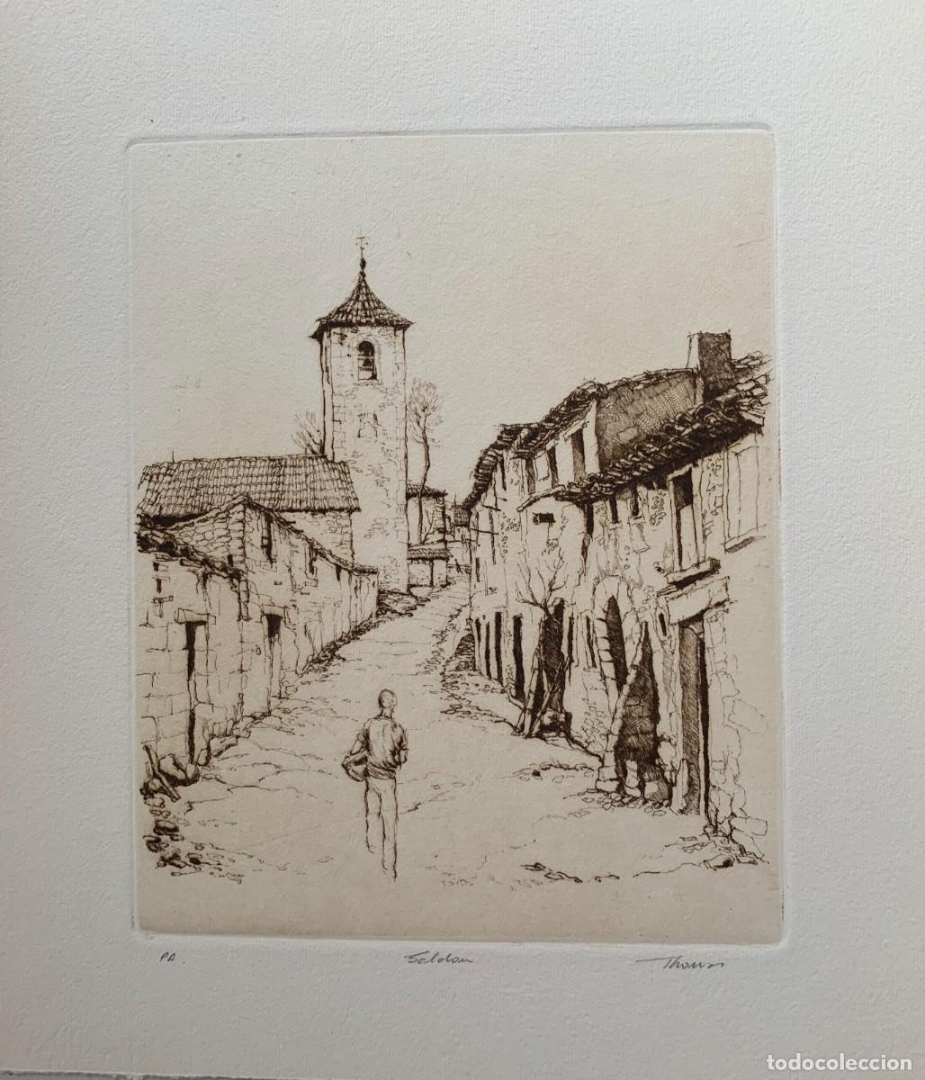 Arte: Teruel. Saldon. Calle de pueblo. Grabado firmado por Verdaguer.