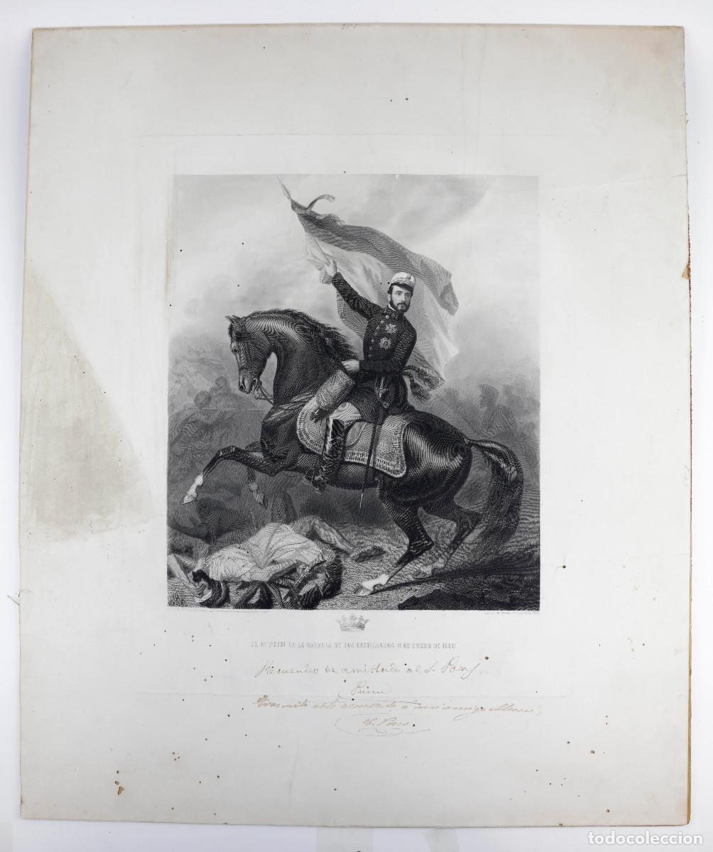 Arte: Grabado del General Prim con dedicatoria y firma. Batalla de los Castillejos, 1860.