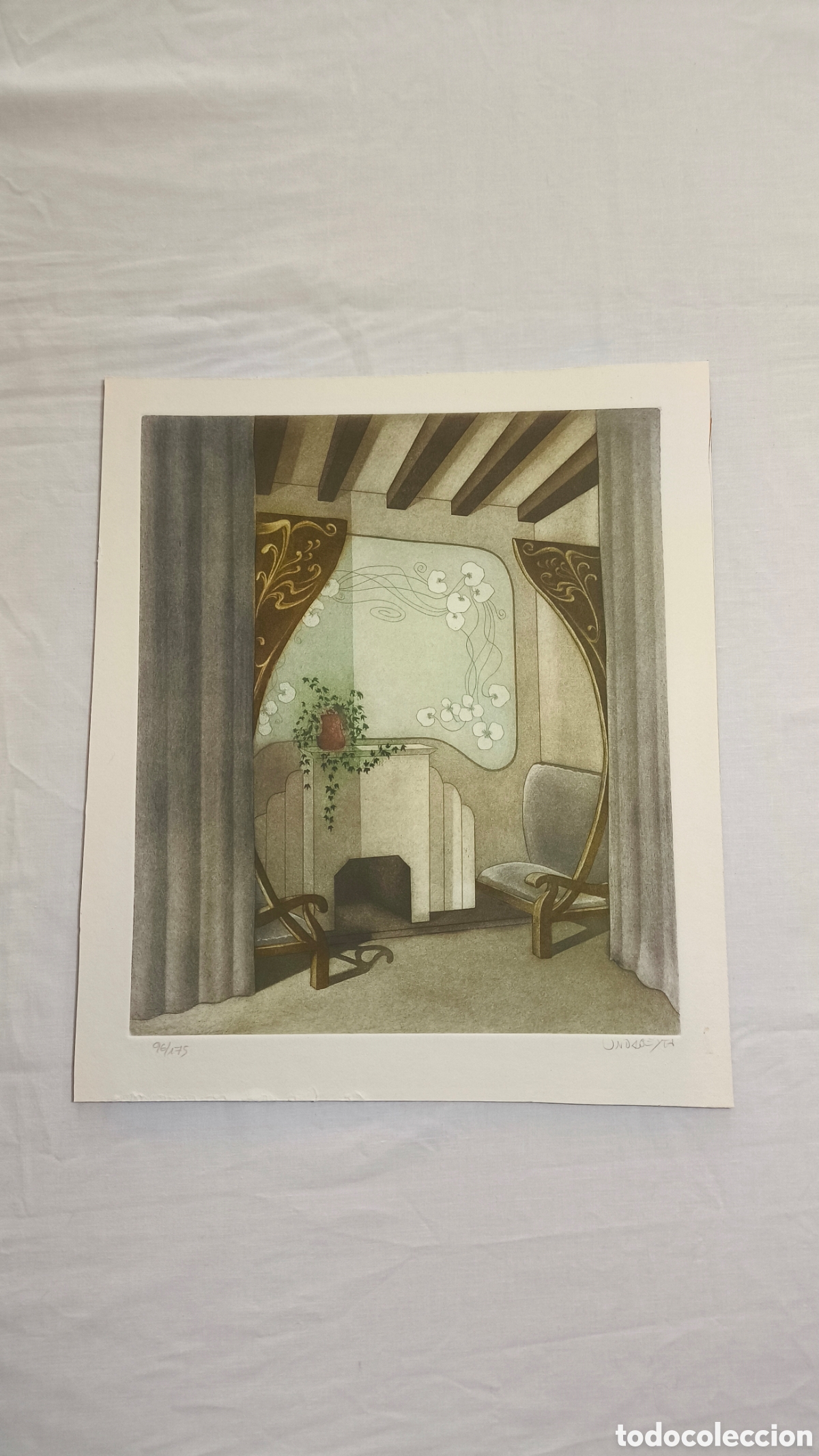 Arte: Grabado original Ramiro Undabeytia - Interior Art D&eacute;co - Aguatinta color - Firmado a l&aacute;piz 97/175