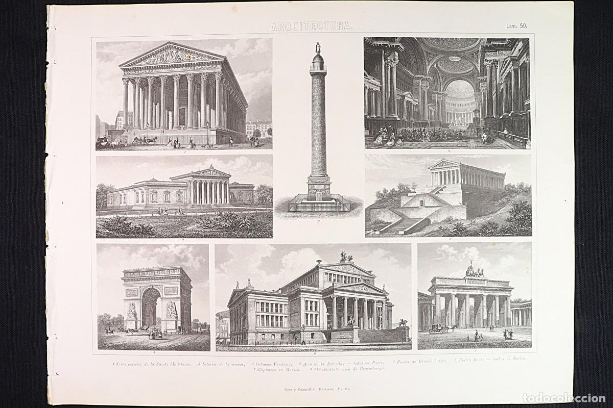 Arte: Grabado Arquitectura 50. Vendome, Brandenburgo, Walhalla. Architectural Engraving 50. Vend&ocirc;me.