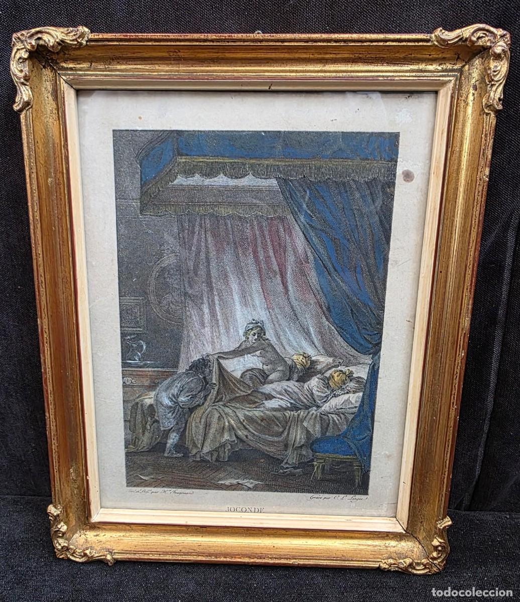 Arte: Grabado antiguo &ldquo;Joconde&rdquo; enmarcado dorado &ndash; escena cl&aacute;sica francesa 27x21 cm