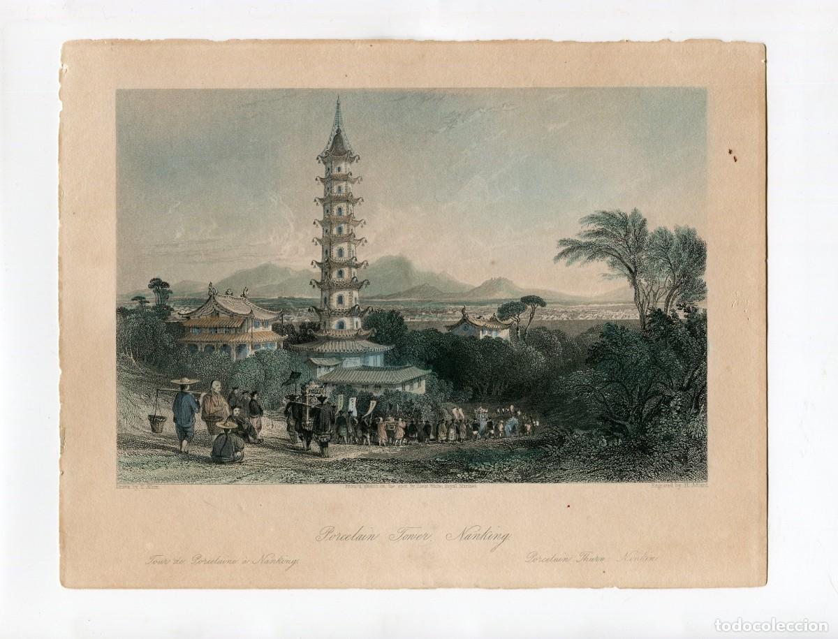 Arte: Porcelain Tower Nanking , de T. Allom, grabado por H. Adlar en acero coloreado a mano. ca. 1843