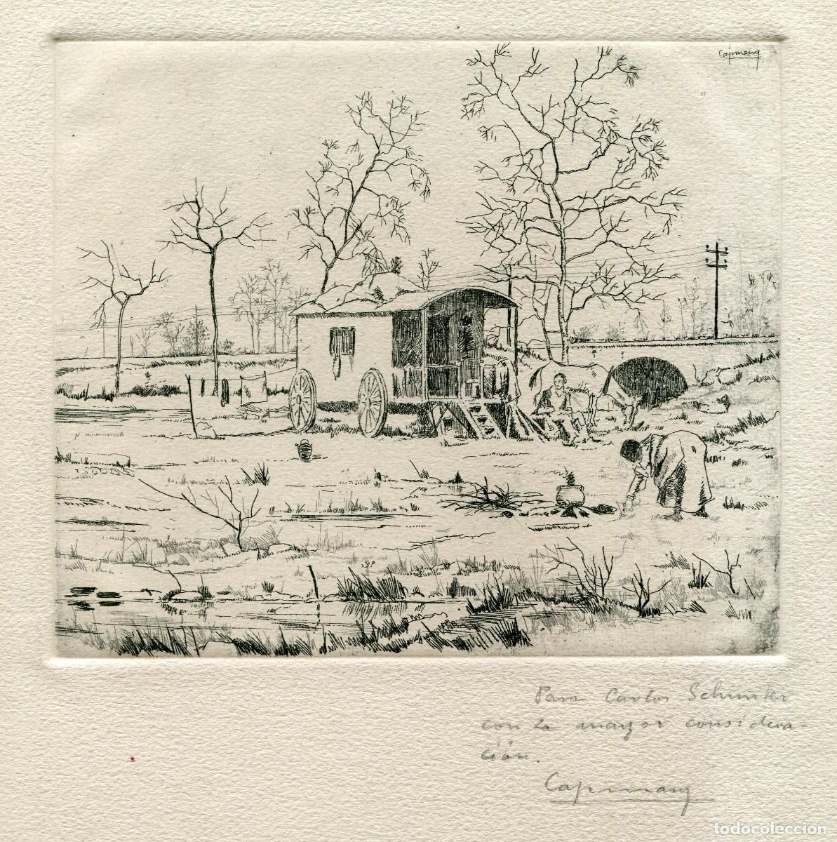 Arte: RAM&Oacute;N de CAPMANY. Grabado original para L'Alegr&iacute;a que passa de S. Rusi&ntilde;ol. Dedicatoria y firma,1947