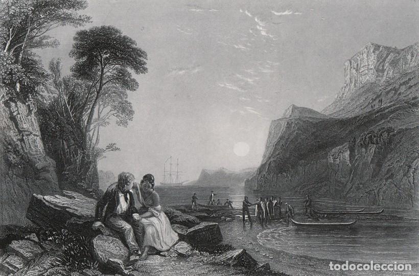 Arte: GRABADO AL ACERO DE 1873, NEUHA, DEL POEMA 'THE ISLAND' DE LORD BYRON, MARES DEL SUR, MOT&Iacute;N BOUNTY