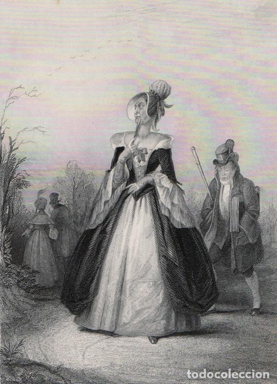 Arte: GRABADO AL ACERO DE 1844, THE ANCIENT PRUDE, POEMA DE WILLIAM COWPER, Grav&oacute; JOHN BRAIN