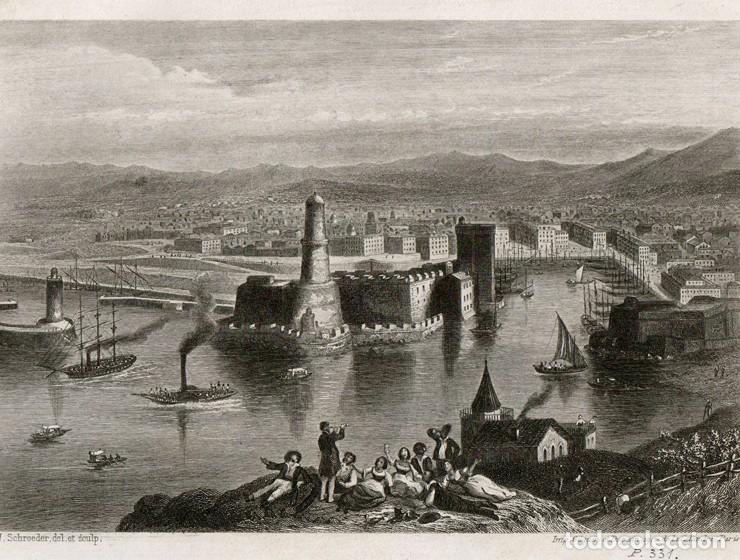 Arte: GRABADO AL ACERO DE 1858, VISTA DE MARSELLA, PUERTO VIEJO, VIEUX PORT, TOUR DU FANAL. J. SCHROEDER
