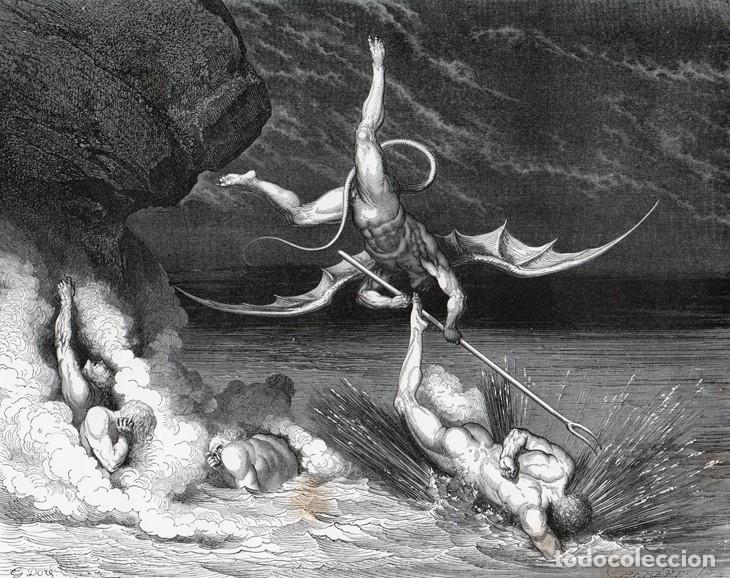 Arte: DOR&Eacute;, XILOGRAF&Iacute;A c.1883. DIVINA COMEDIA, DANTE. INFIERNO, DEMONIO ALICHINO PERSIGUE A DATI. GRABADO
