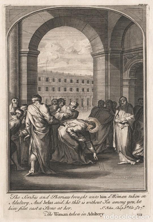 Arte: GRABADO PLANCHA DE COBRE DE 1760, LA MUJER AD&Uacute;LTERA, PRIMERA PIEDRA. WILLIAM BURKITT, INFOLIO, XVIII