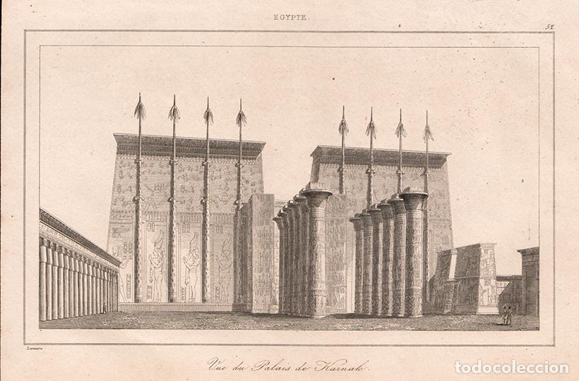 Arte: GRABADO AL ACERO DE 1839, VISTA DEL TEMPLO DE KARNAK, LUXOR, ANTIGUO EGIPTO, DE LEMA&Icirc;TRE