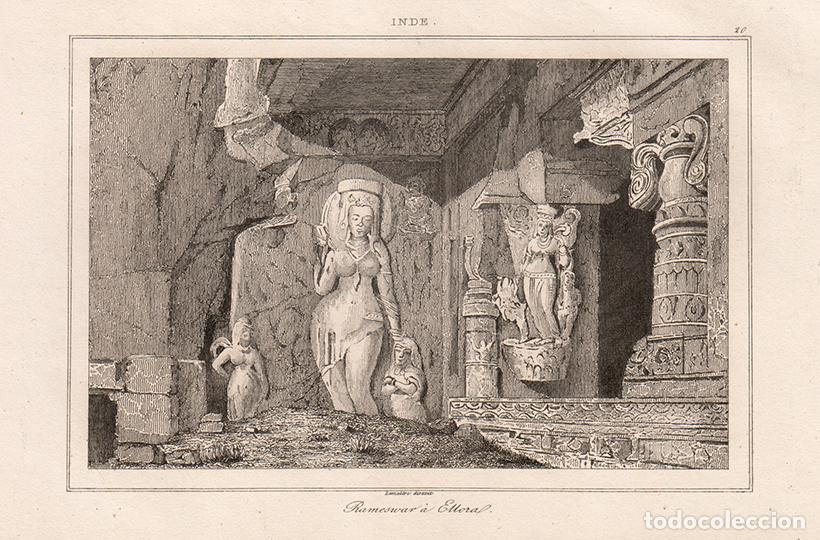 Arte: GRABADO AL ACERO DE 1845, TEMPLO CUEVA DE RAMESVARA, GRUTAS DE ELLORA, SIVA, LA INDIA, DE LEMA&Icirc;TRE