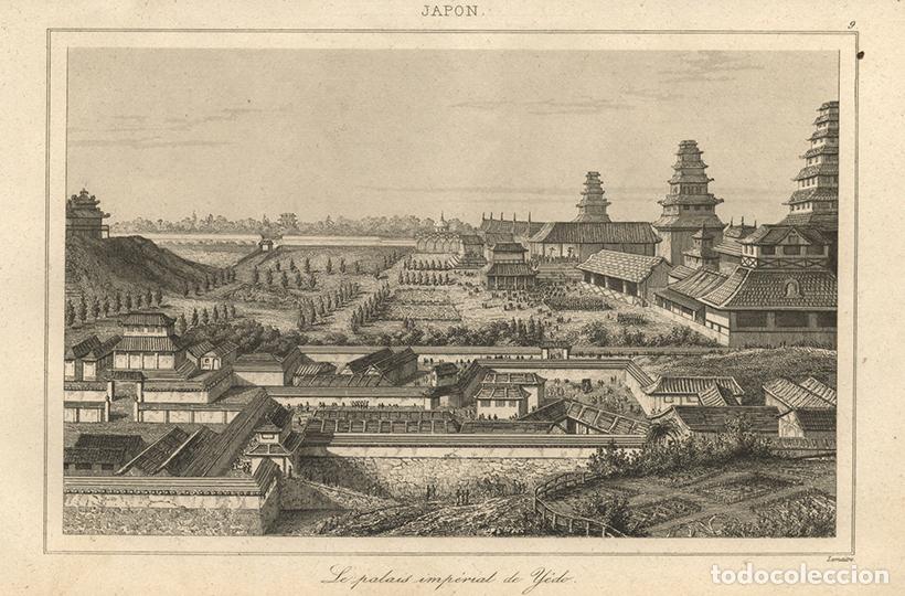 Arte: GRABADO AL ACERO DE 1850, PALACIO IMPERIAL DE EDO, TOKIO, TOKUGAWA, ANTIGUO JAP&Oacute;N, DE LEMA&Icirc;TRE