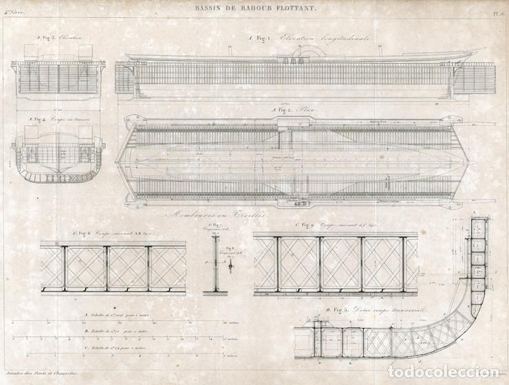 Arte: GRABADO INGENIER&Iacute;A CIVIL DE 1862, PLANOS DE DIQUE SECO O MUELLE FLOTANTE, ESQUEMA GENERAL, INFOLIO