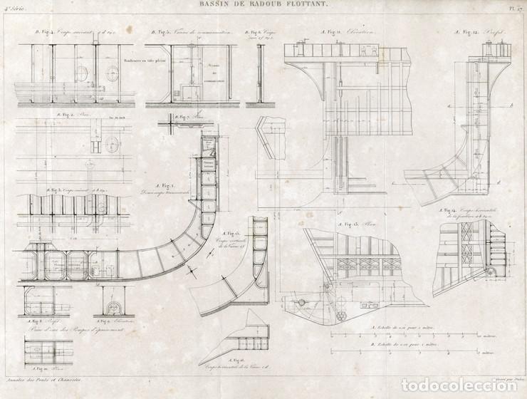 Arte: GRABADO INGENIER&Iacute;A CIVIL DE 1862, DETALLES CONSTRUCTIVOS DE UN DIQUE SECO O MUELLE FLOTANTE, INFOLIO
