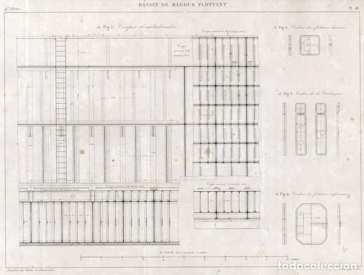Arte: GRABADO INGENIER&Iacute;A CIVIL DE 1862, DETALLES ESTRUCTURALES DE UN DIQUE SECO O MUELLE FLOTANTE, INFOLIO