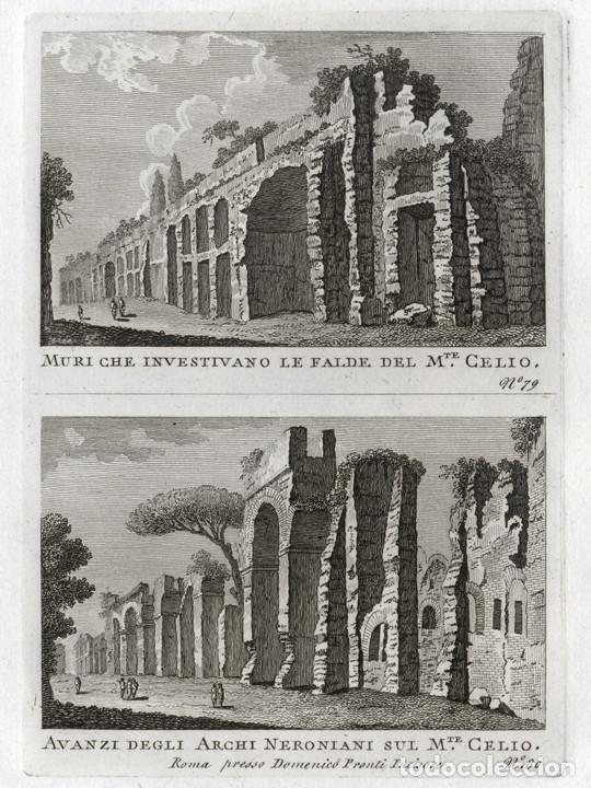 Arte: GRABADO A BURIL 1795, 2 VISTAS DE ROMA, DOMENICO PRONTI. MURALLAS AURELIANAS MONTE CELIO, ACUEDUCTO