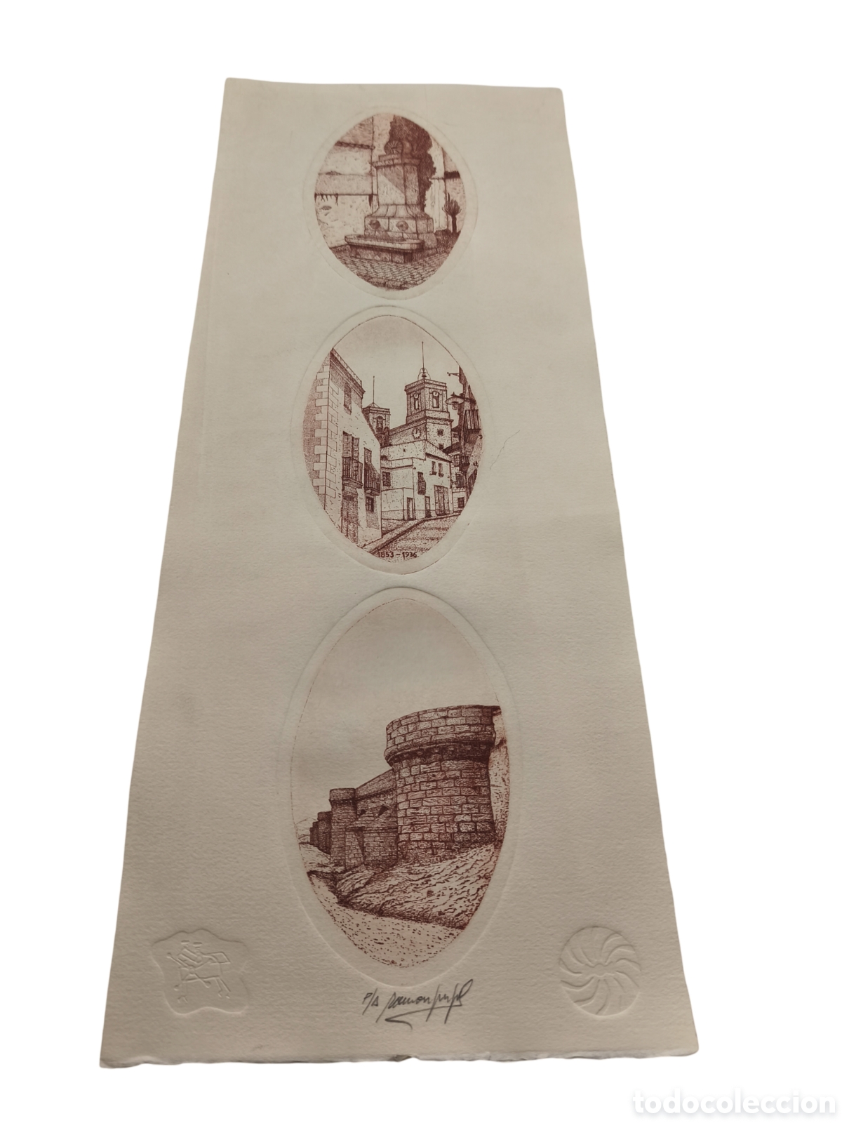 Arte: OBRA GR&Aacute;FICA ORIGINAL DE RAM&Oacute;N PUJOL - TR&Iacute;PTICO ESCENAS LOCALES (SEPIA) - P/A - DOBLE SELLO SECO