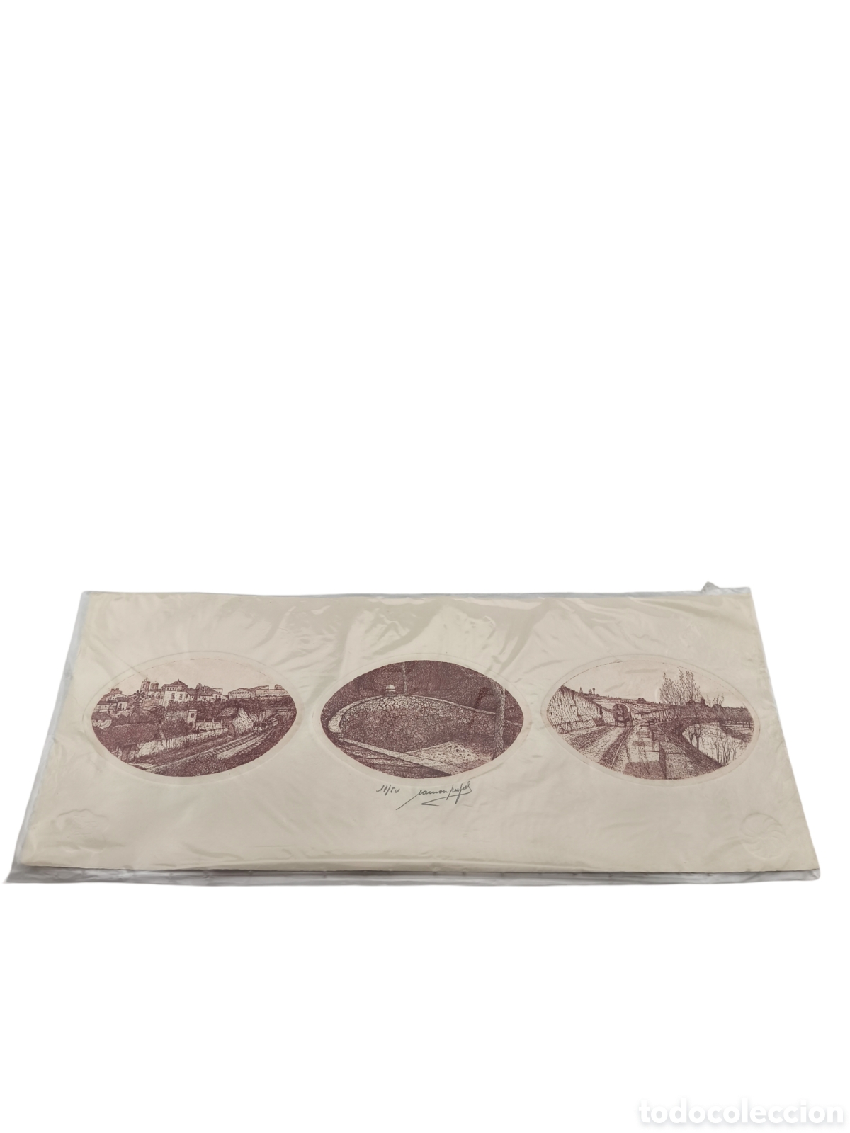 Arte: RAM&Oacute;N PUJOL - TR&Iacute;PTICO ESCENAS LOCALES (SEPIA) - EDICI&Oacute;N NUMERADA 6/50 - CON CERTIFICADO - 55x22 CM
