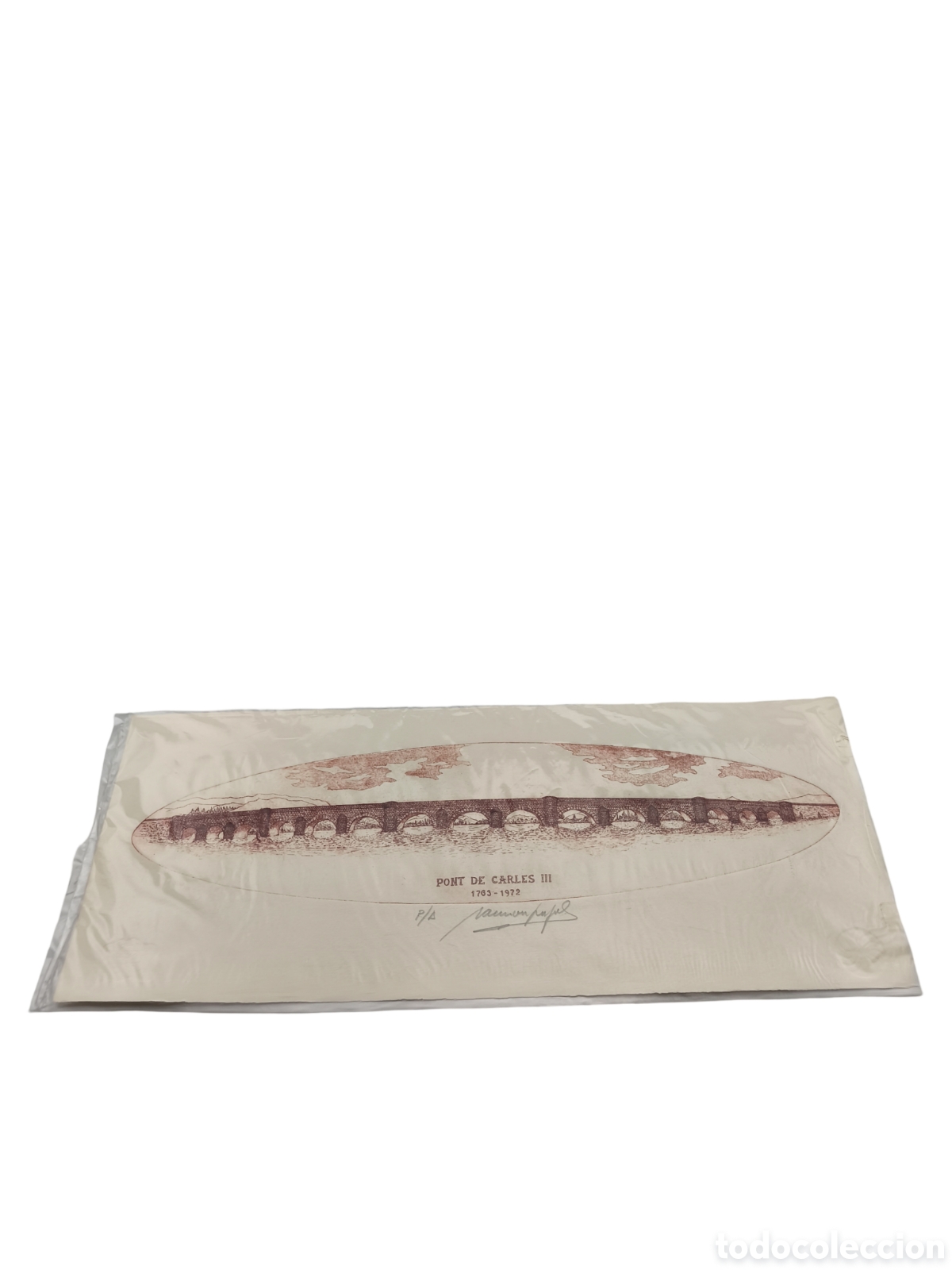 Art: OBRA GR&Aacute;FICA ORIGINAL DE RAM&Oacute;N PUJOL - PONT DE CARLES III (MOLINS DE REI) - P/A EN SEPIA - 56x23 CM