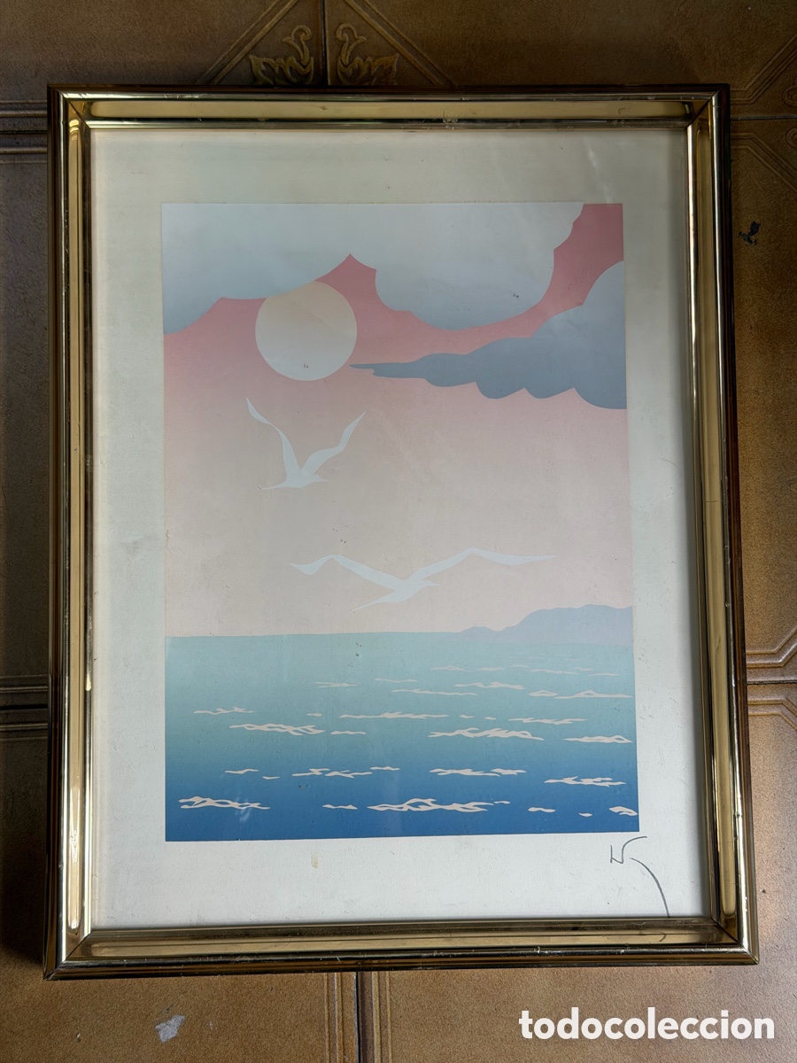Art: Grabado Paisaje Seagull Waterscape del artista canadiense Key. Firmado