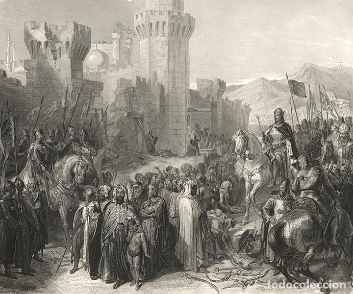 Arte: GRABADO AL ACERO 1868, BLONDEL, RICARDO CORAZ&Oacute;N LE&Oacute;N Y FELIPE AUGUSTO EN SAN JUAN DE ACRE, CRUZADAS