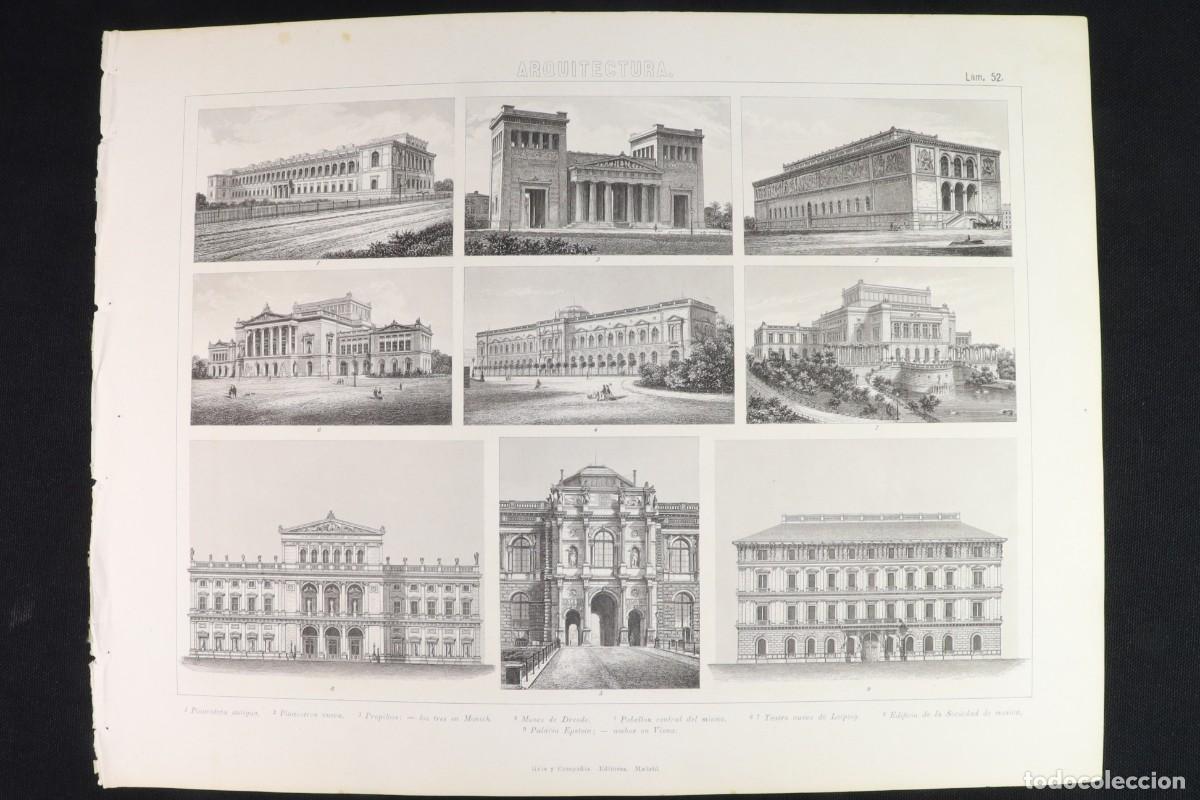 Arte: Grabado Arquitectura 52. Teatro Leipzig, Viena, pinacoteca Munich. Engraving Leipzig Theatre, Vienna