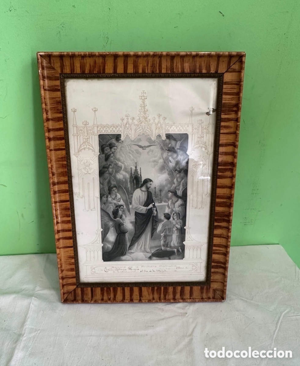 Art: Antiguo cuadro religioso Primera Comuni&oacute;n 1929 grabado original marco madera de &eacute;poca