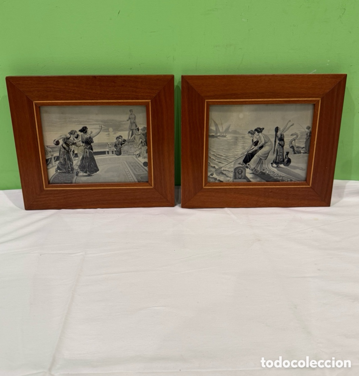 Art: Pareja Cuadros Antiguos Grabados sobre Tela Escena Cl&aacute;sica Marco Madera Alta Calidad Bajo Cristal
