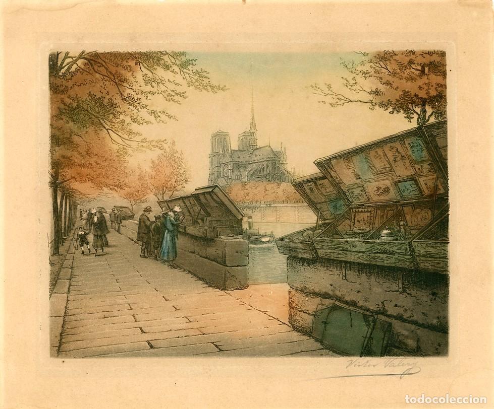 Kunst: VICTOR VALERY.. ESCENA DE PARIS CON NOTRE DAME AL FONDO. GRABADO. H. 1910. FIRMADO