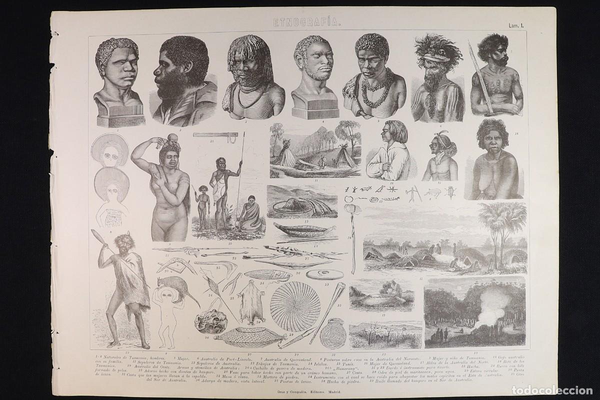 Arte: Grabado Etnograf&iacute;a 1. Tribus Tasmania, Australia. Ethnography Engraving 1. Tribes of Tasmania.