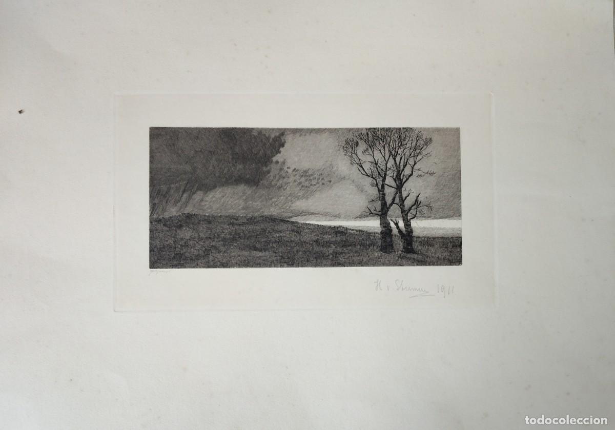Arte: Escuela Europea Pp SXX Paisaje con 2 &aacute;rboles grabado Firmado y fechado