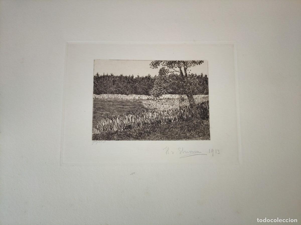 Arte: Escuela Europea Pp SXX Paisaje ribere&ntilde;o grabado Firmado y fechado