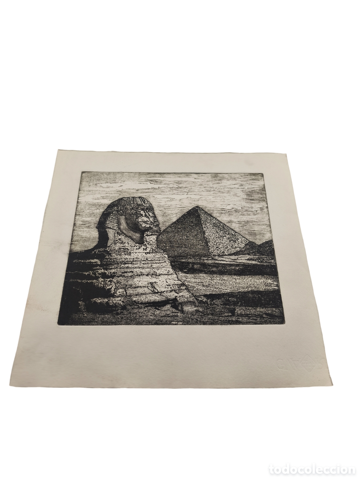 Arte: GRABADO ORIGINAL - ESCENA DE EGIPTO: LA ESFINGE Y PIR&Aacute;MIDE DE GIZA - 38x36 CM