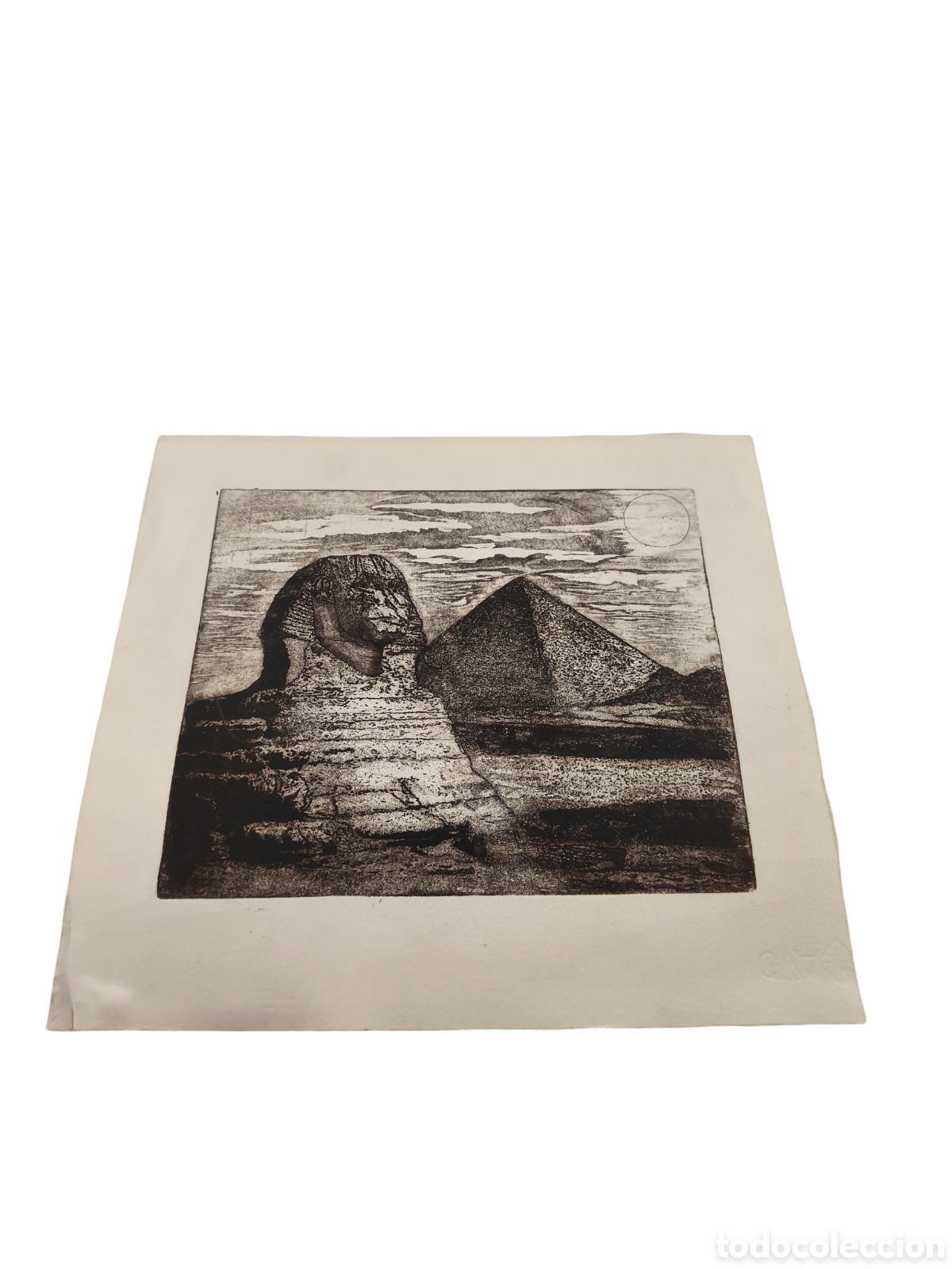 Arte: GRABADO ORIGINAL - ESCENA DE EGIPTO: LA ESFINGE Y PIR&Aacute;MIDE DE GIZA - 38x36 CM