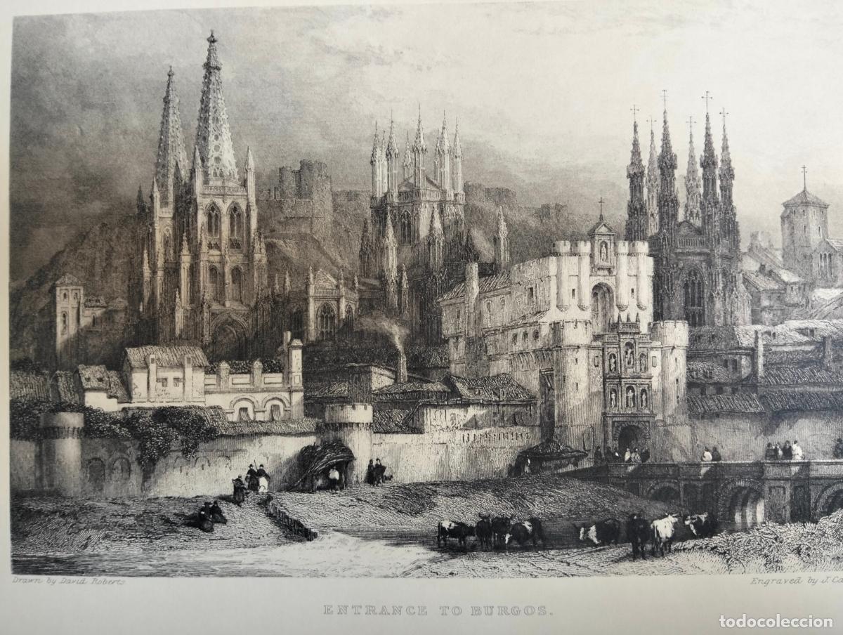 Art: Entrance to Burgos dibujo grabado en blanco y negro Espa&ntilde;a l&aacute;mina de David Roberts y J. Carter