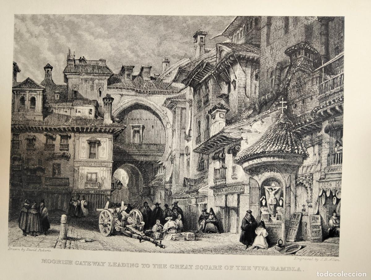 Arte: Moorish gateway leading to the great square of viva rambla dibujo grabado l&aacute;mina David Roberts Allen