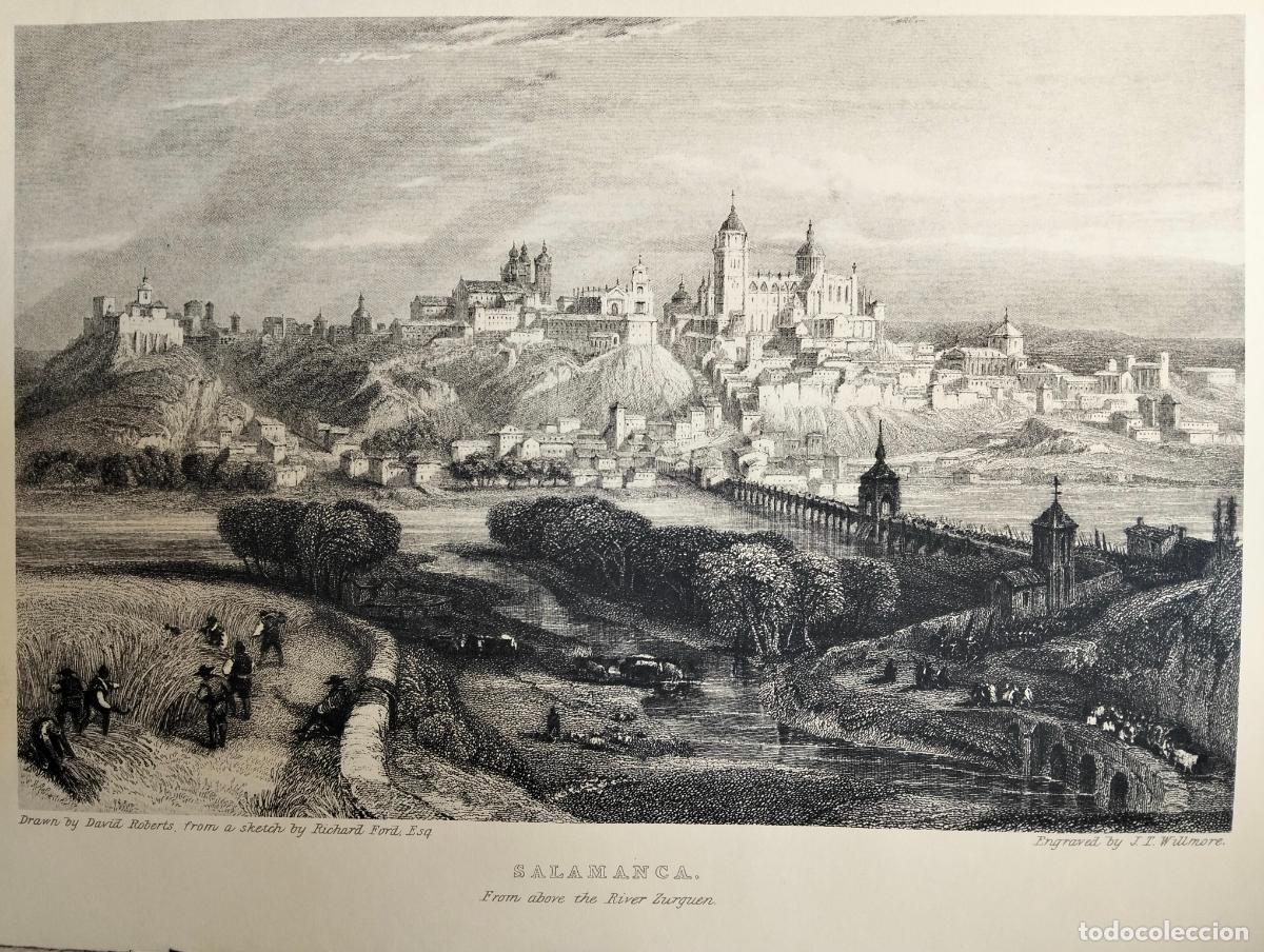 Arte: Salamanca from above the river Zurguen dibujo grabado blanco negro l&aacute;mina David Roberts J T Willmore