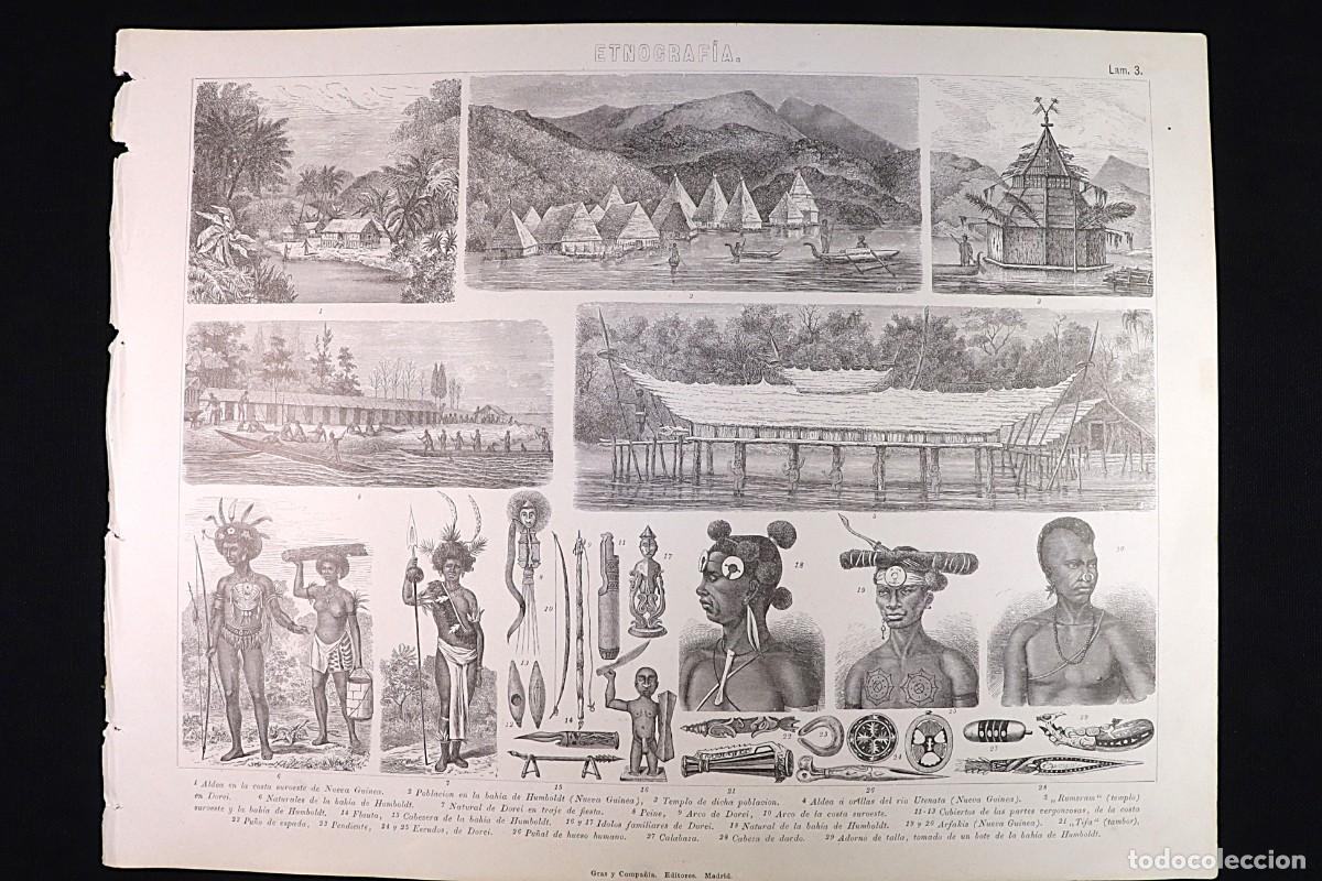 Arte: Grabado Etnograf&iacute;a 3. Nueva Guinea, Dorei, Arfakis. Ethnography Engraving 3. New Guinea, Dorei.