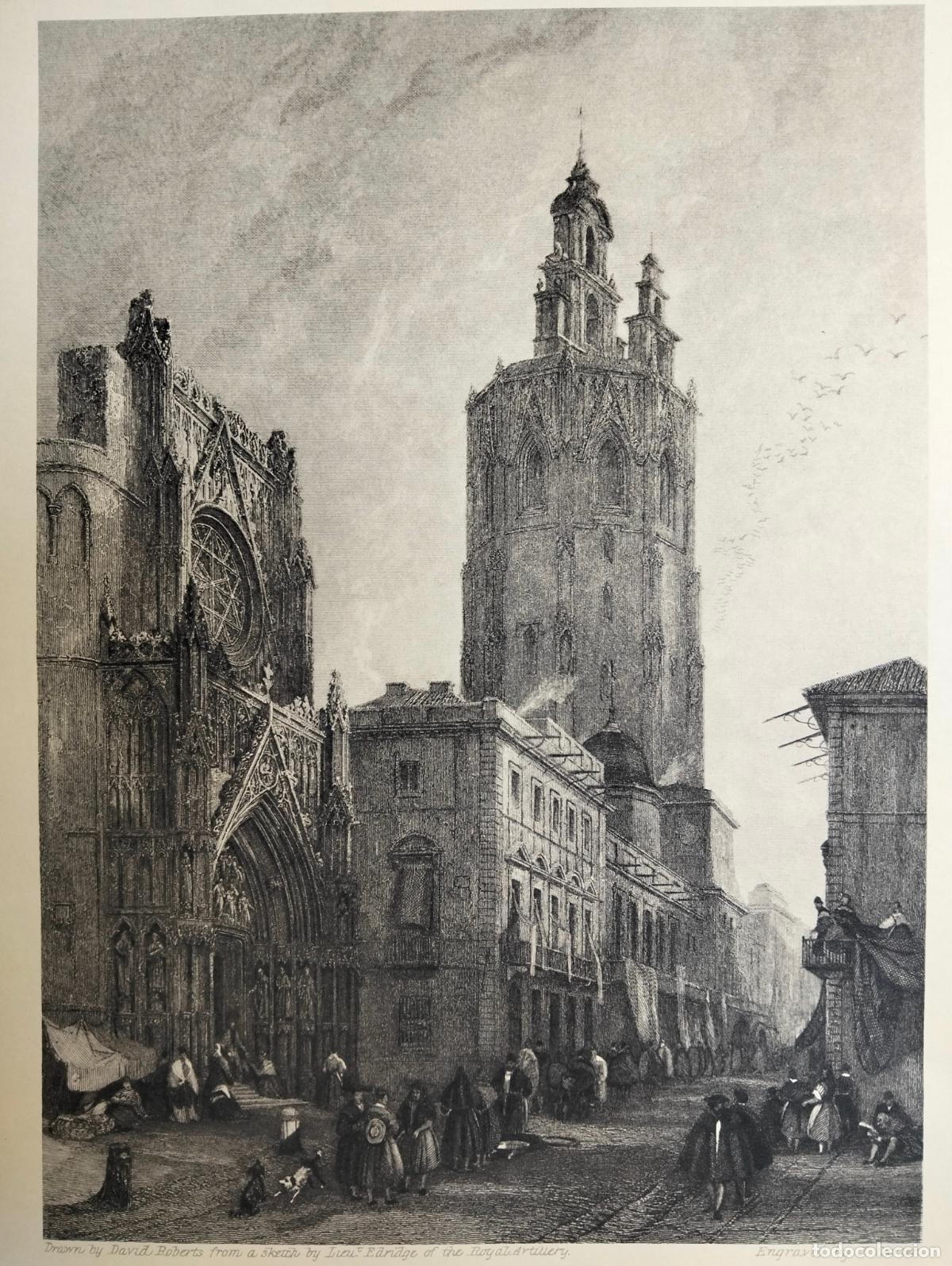 Arte: Plaza catedral Valencia Royal Artillery dibujo grabado blanco negro l&aacute;mina David Roberts J Carter